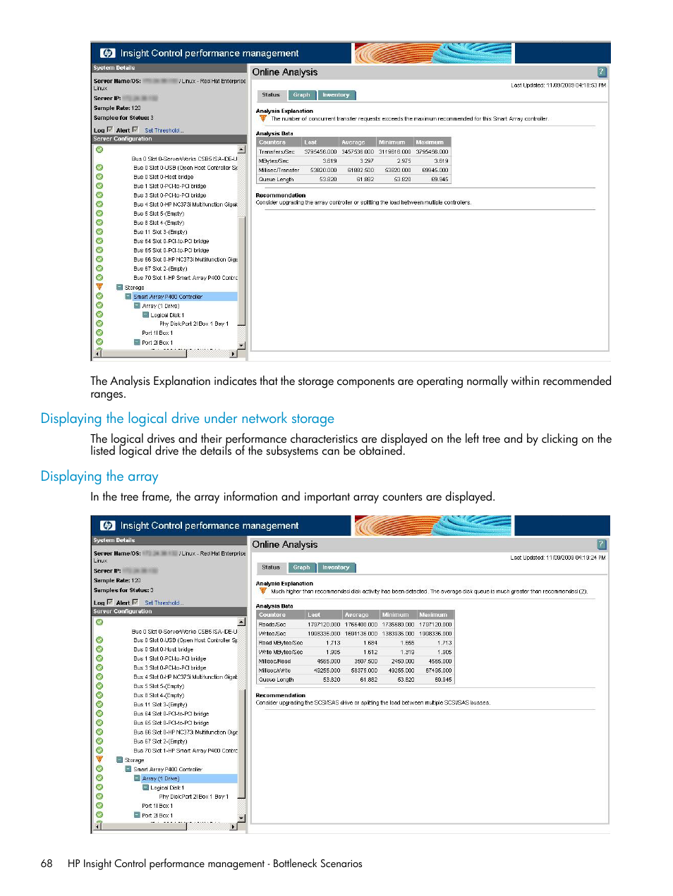 Displaying the logical drive under network storage, Displaying the array | HP Insight Control User Manual | Page 68 / 79