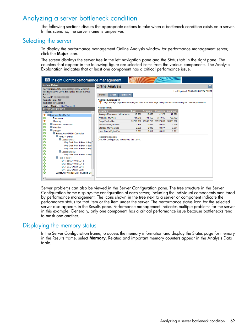 Analyzing a server bottleneck condition, Selecting the server, Displaying the memory status | Selecting the server displaying the memory status | HP Insight Control User Manual | Page 69 / 79