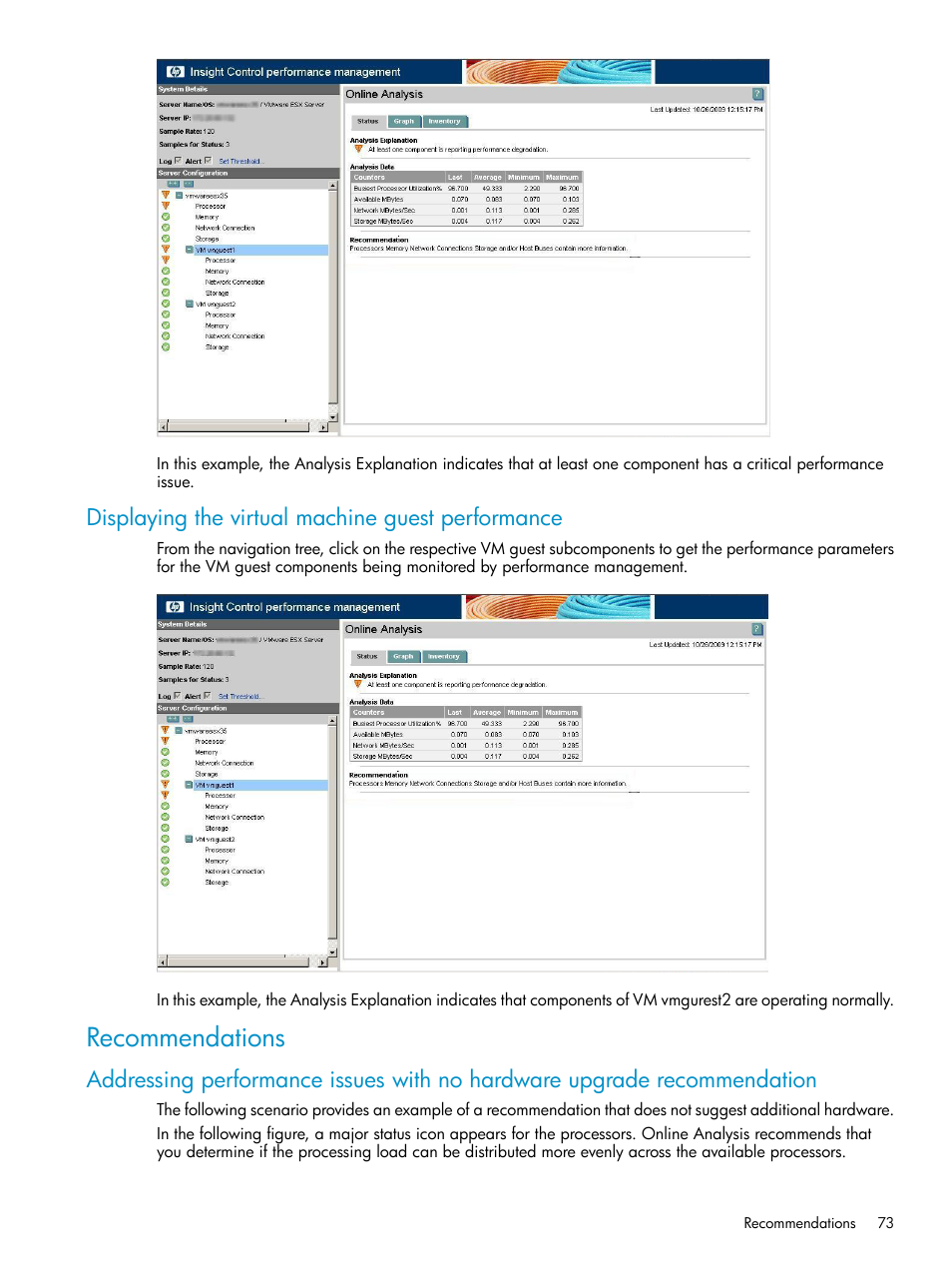 Displaying the virtual machine guest performance, Recommendations | HP Insight Control User Manual | Page 73 / 79