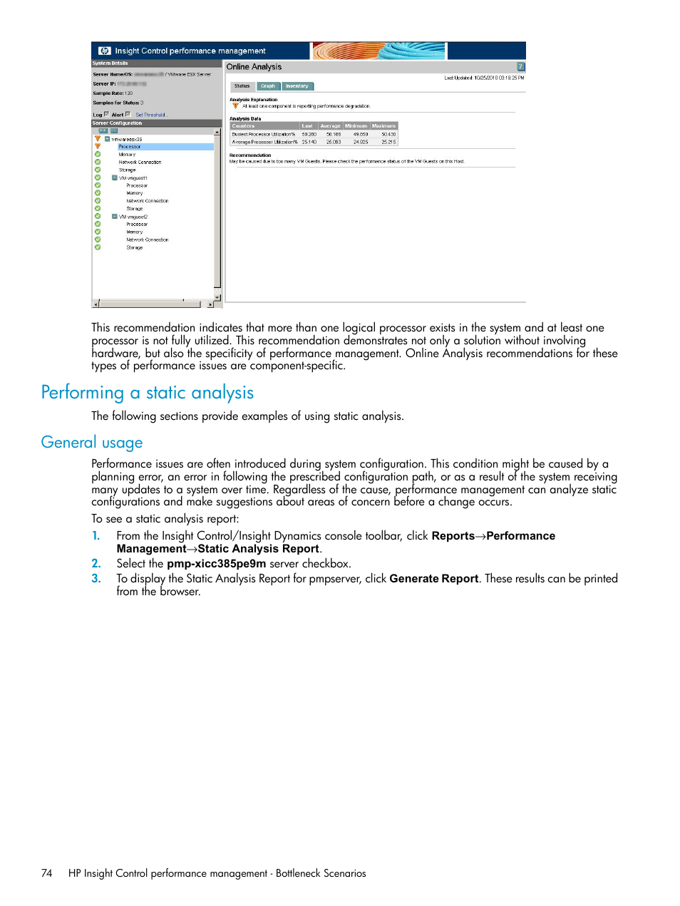 Performing a static analysis, General usage | HP Insight Control User Manual | Page 74 / 79