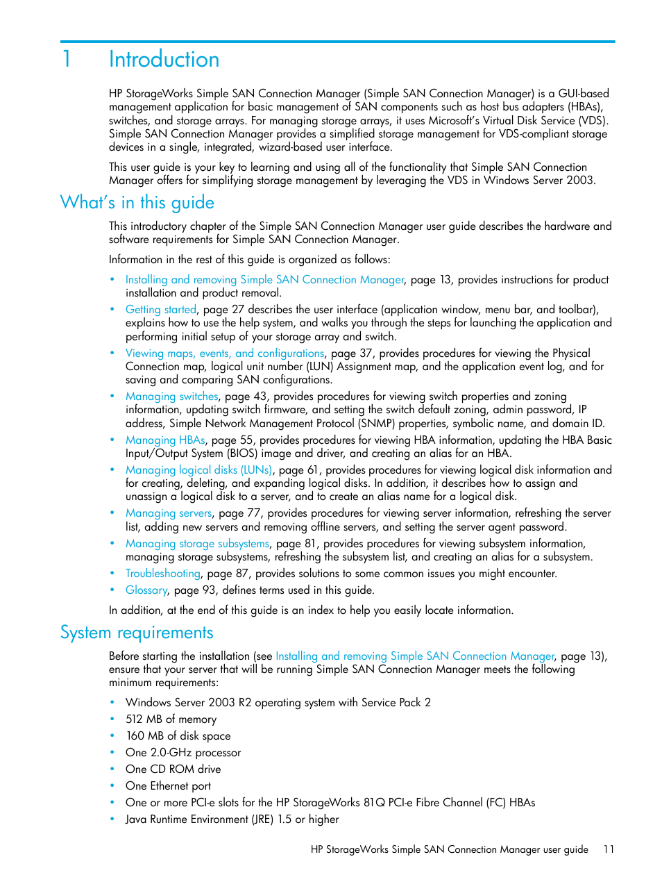 Introduction, What’s in this guide, System requirements | 1 introduction, 1introduction | HP 8.20q Fibre Channel Switch User Manual | Page 11 / 98