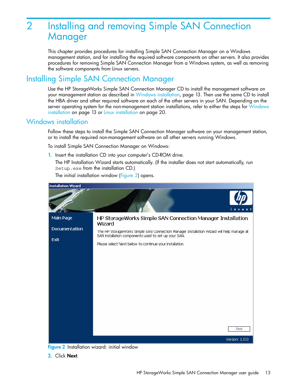 Installing simple san connection manager, Windows installation, 2 installation wizard: initial window | HP 8.20q Fibre Channel Switch User Manual | Page 13 / 98