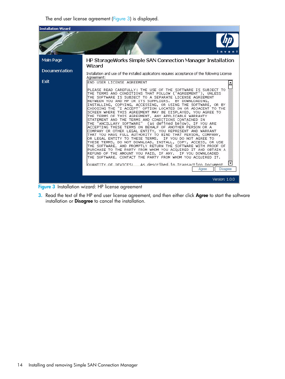 3 installation wizard: hp license agreement | HP 8.20q Fibre Channel Switch User Manual | Page 14 / 98