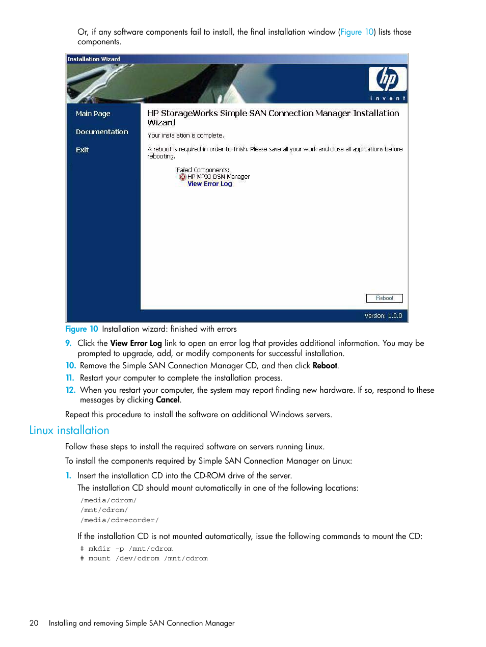 Linux installation, 10 installation wizard: finished with errors | HP 8.20q Fibre Channel Switch User Manual | Page 20 / 98