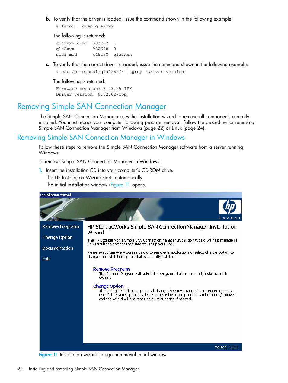 Removing simple san connection manager, Removing simple san connection manager in windows | HP 8.20q Fibre Channel Switch User Manual | Page 22 / 98