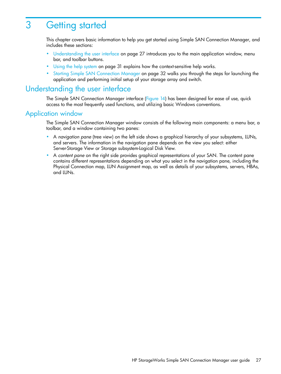 Getting started, Understanding the user interface, Application window | 3 getting started, 3getting started | HP 8.20q Fibre Channel Switch User Manual | Page 27 / 98