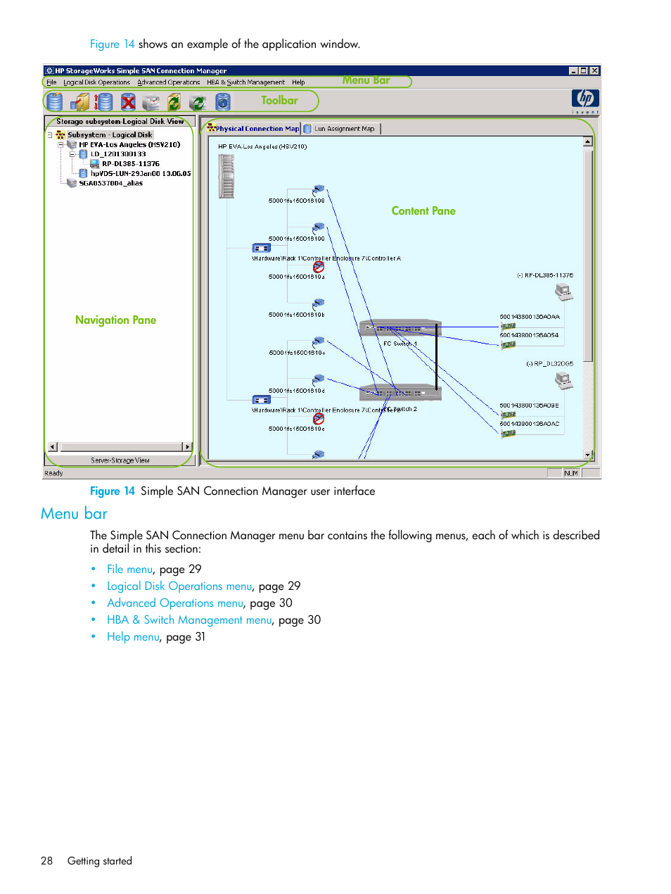 Menu bar, 14 simple san connection manager user interface, Figure 14 | HP 8.20q Fibre Channel Switch User Manual | Page 28 / 98