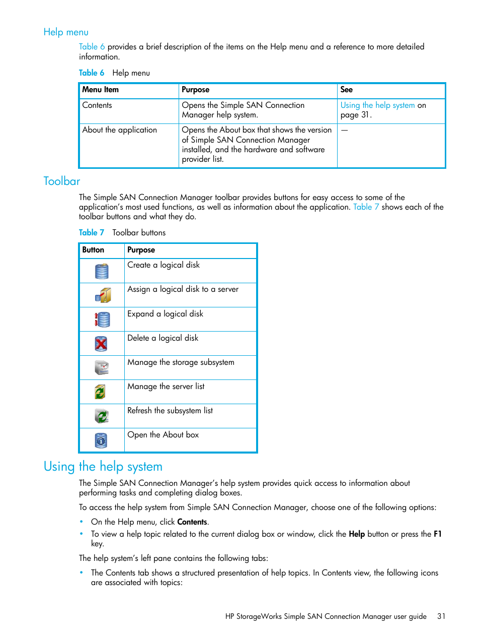 Help menu, Toolbar, Using the help system | 6 help menu, 7 toolbar buttons | HP 8.20q Fibre Channel Switch User Manual | Page 31 / 98