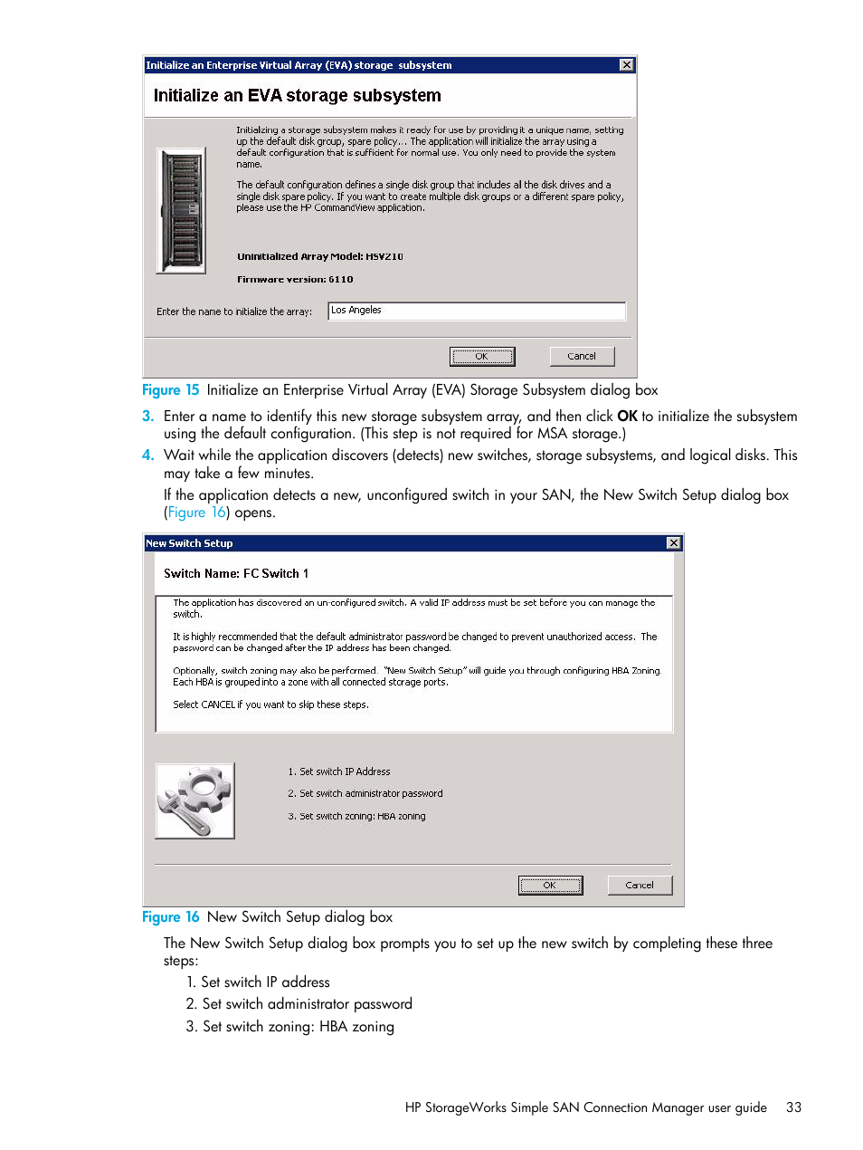 16 new switch setup dialog box, Figure 15, Step 3 | Step 4 | HP 8.20q Fibre Channel Switch User Manual | Page 33 / 98