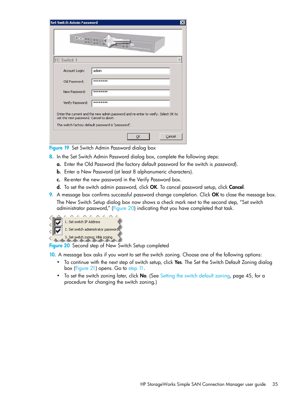 19 set switch admin password dialog box, 20 second step of new switch setup completed, Figure 19 | Step 8 | HP 8.20q Fibre Channel Switch User Manual | Page 35 / 98