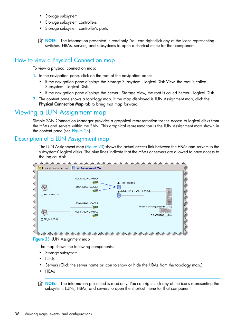 How to view a physical connection map, Viewing a lun assignment map, Description of a lun assignment map | 23 lun assignment map | HP 8.20q Fibre Channel Switch User Manual | Page 38 / 98