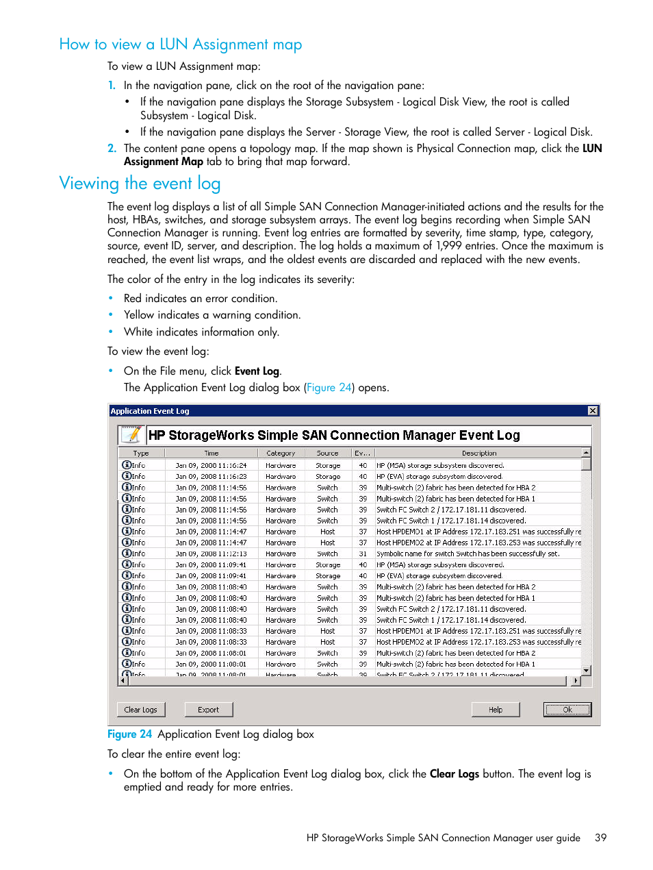 How to view a lun assignment map, Viewing the event log, 24 application event log dialog box | HP 8.20q Fibre Channel Switch User Manual | Page 39 / 98