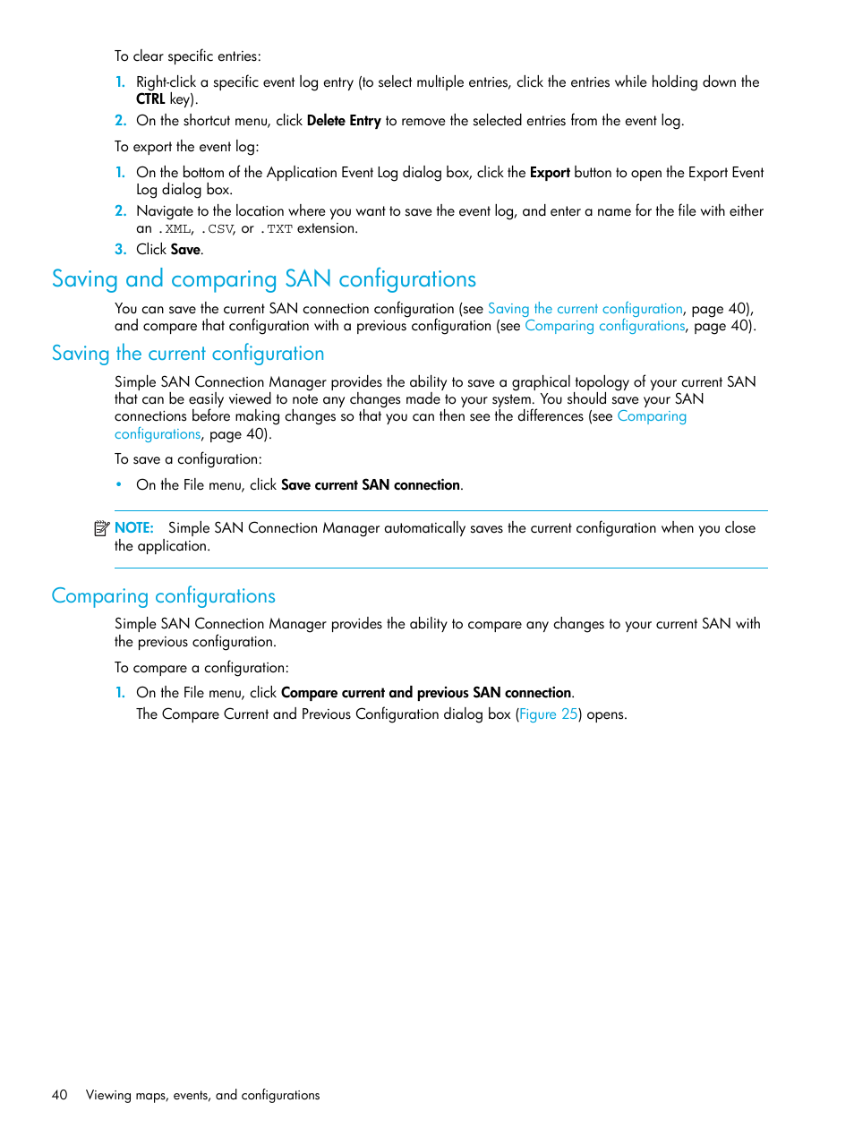 Saving and comparing san configurations, Saving the current configuration, Comparing configurations | Saving the current, Configuration | HP 8.20q Fibre Channel Switch User Manual | Page 40 / 98