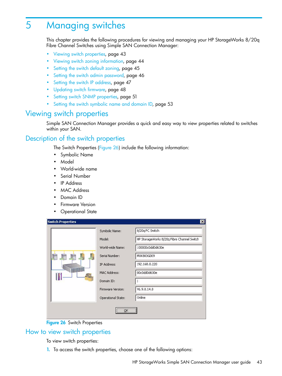 Managing switches, Viewing switch properties, Description of the switch properties | How to view switch properties, 5 managing switches, 26 switch properties, 5managing switches | HP 8.20q Fibre Channel Switch User Manual | Page 43 / 98