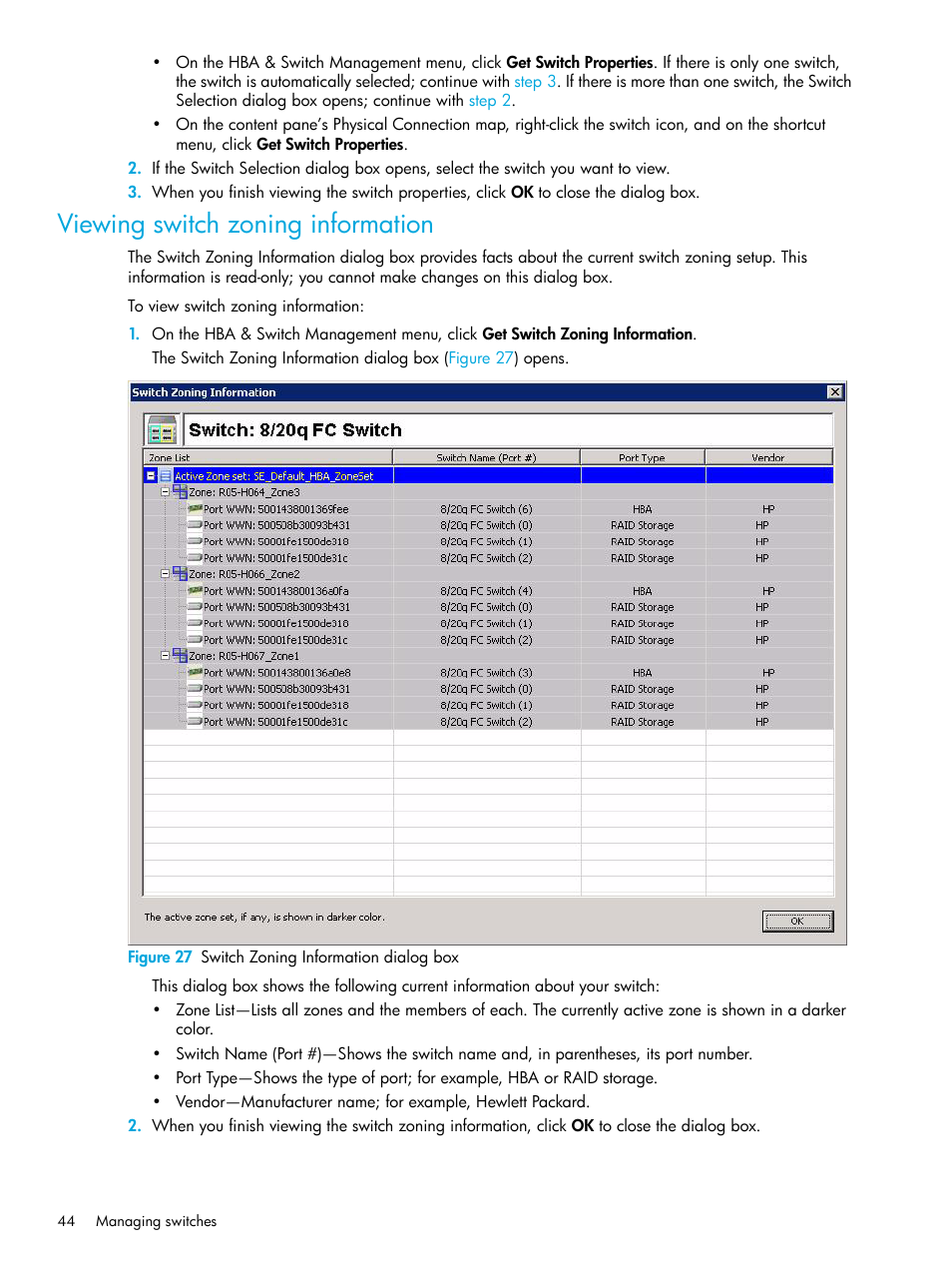 Viewing switch zoning information, 27 switch zoning information dialog box, Viewing switch zoning | Information | HP 8.20q Fibre Channel Switch User Manual | Page 44 / 98