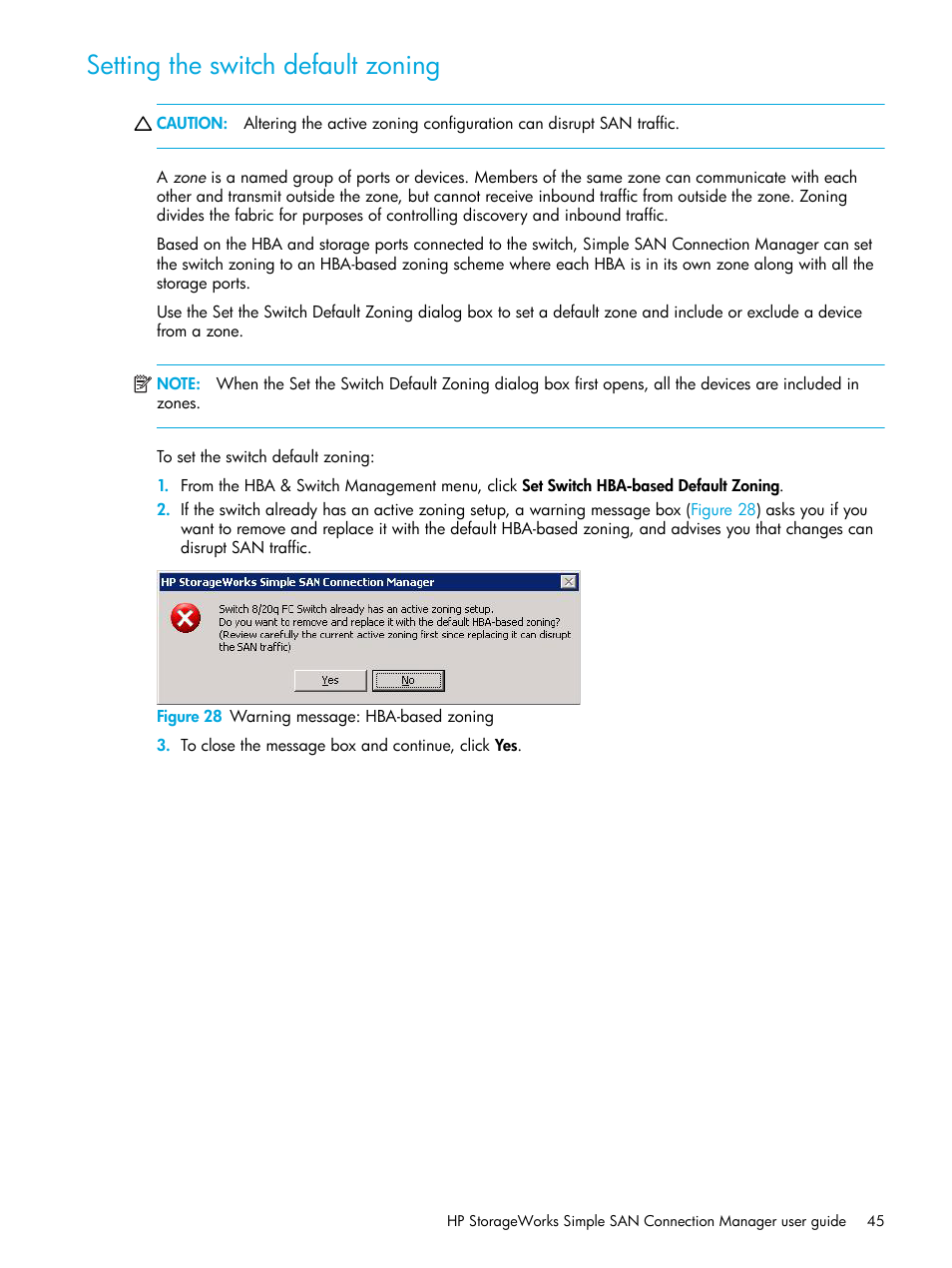Setting the switch default zoning, 28 warning message: hba-based zoning, Setting the switch default | Zoning | HP 8.20q Fibre Channel Switch User Manual | Page 45 / 98