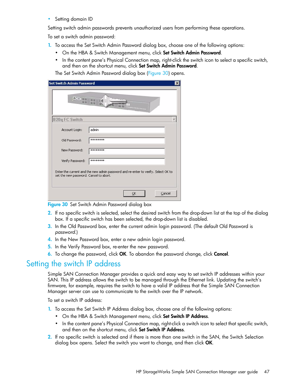 Setting the switch ip address, 30 set switch admin password dialog box | HP 8.20q Fibre Channel Switch User Manual | Page 47 / 98