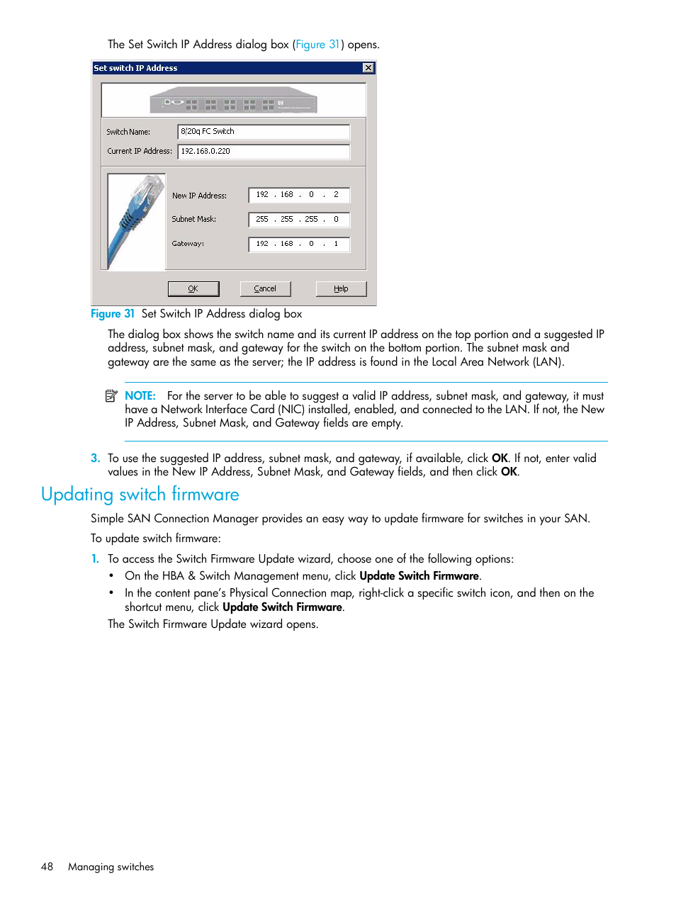 Updating switch firmware, 31 set switch ip address dialog box | HP 8.20q Fibre Channel Switch User Manual | Page 48 / 98
