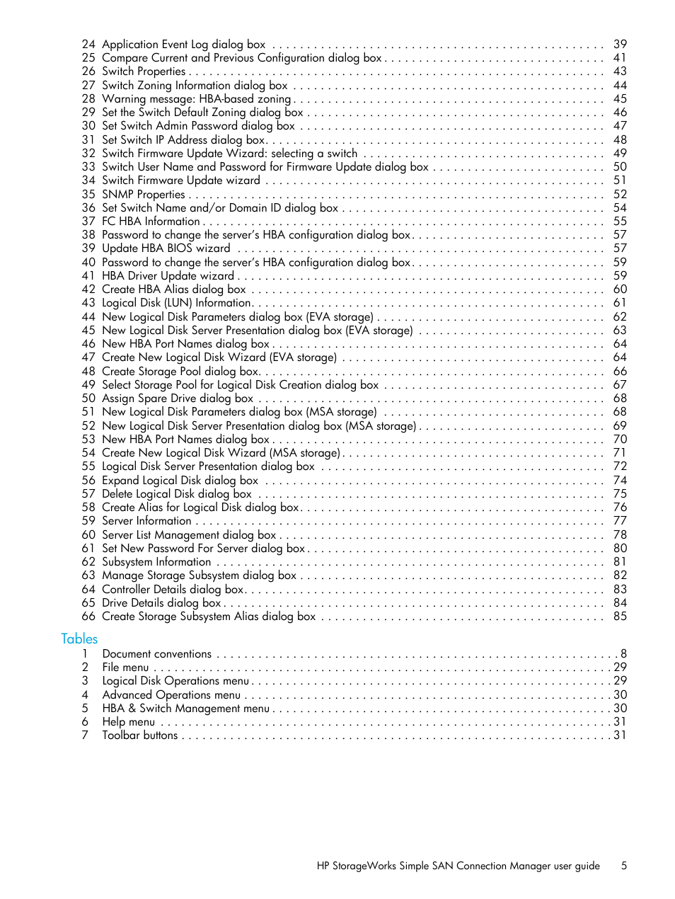 Tables | HP 8.20q Fibre Channel Switch User Manual | Page 5 / 98