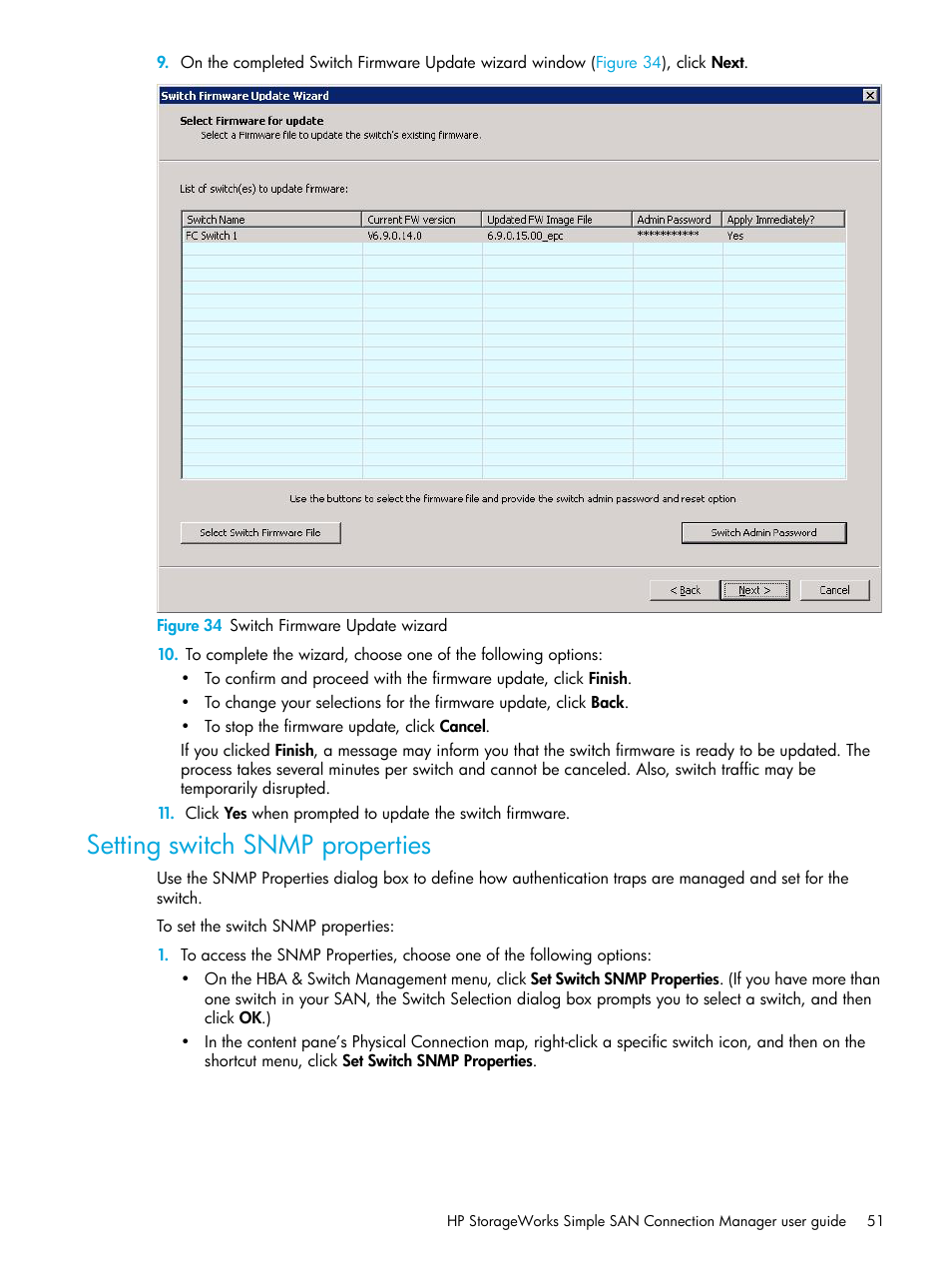 Setting switch snmp properties, 34 switch firmware update wizard, Setting switch snmp | Properties, Step 9 | HP 8.20q Fibre Channel Switch User Manual | Page 51 / 98