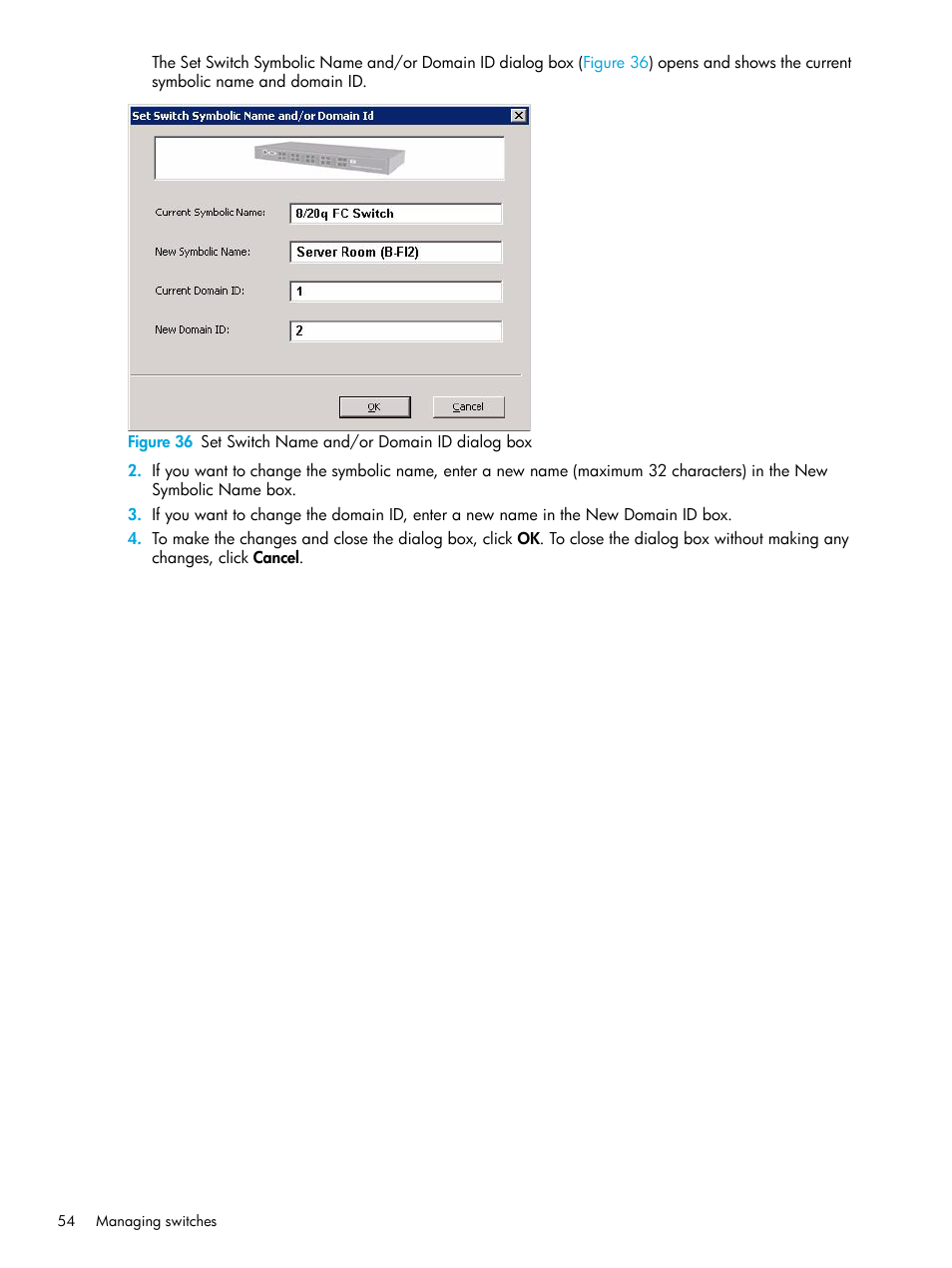 36 set switch name and/or domain id dialog box | HP 8.20q Fibre Channel Switch User Manual | Page 54 / 98