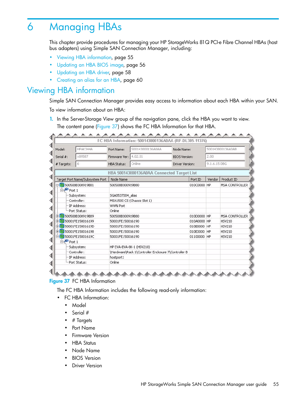 Managing hbas, Viewing hba information, 6 managing hbas | 37 fc hba information, 6managing hbas | HP 8.20q Fibre Channel Switch User Manual | Page 55 / 98