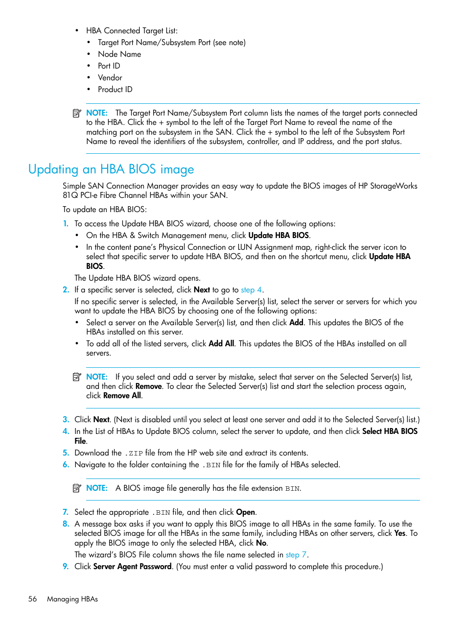 Updating an hba bios image, Updating an hba bios, Image | HP 8.20q Fibre Channel Switch User Manual | Page 56 / 98