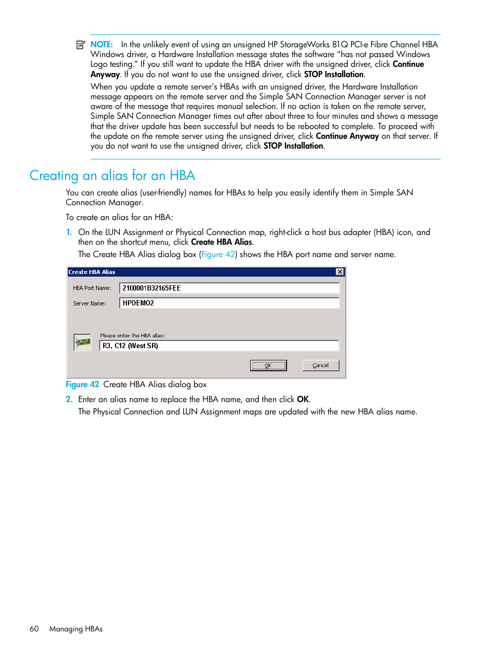 Creating an alias for an hba, 42 create hba alias dialog box | HP 8.20q Fibre Channel Switch User Manual | Page 60 / 98