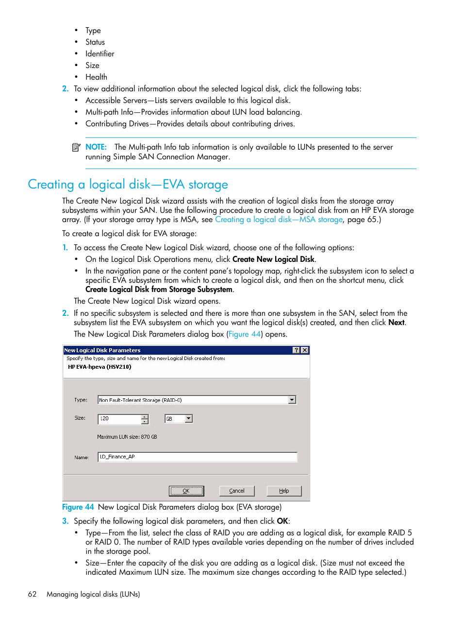 Creating a logical disk-eva storage, Creating a logical disk—eva storage, Creating a logical disk—eva | Storage | HP 8.20q Fibre Channel Switch User Manual | Page 62 / 98