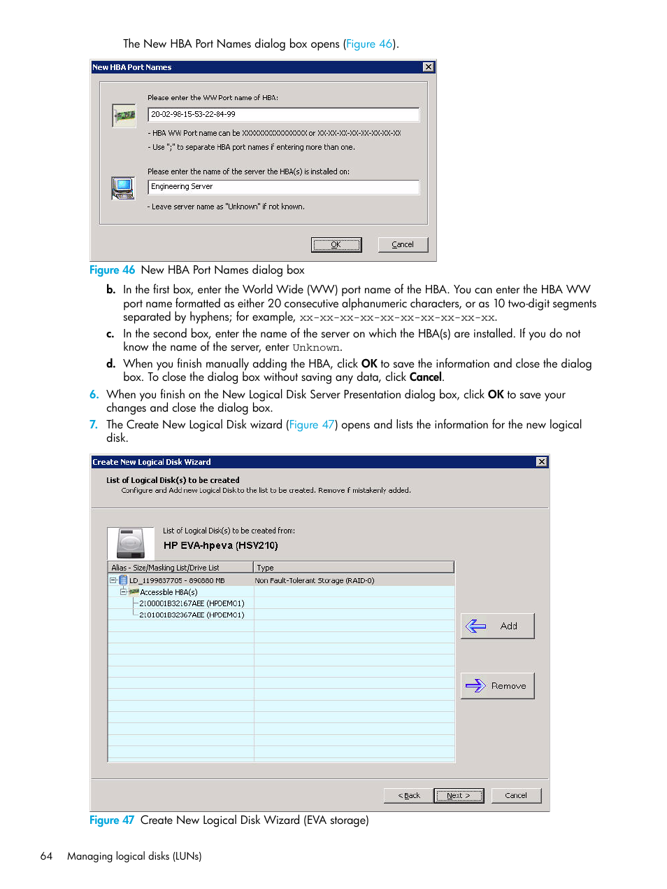 46 new hba port names dialog box, 47 create new logical disk wizard (eva storage) | HP 8.20q Fibre Channel Switch User Manual | Page 64 / 98