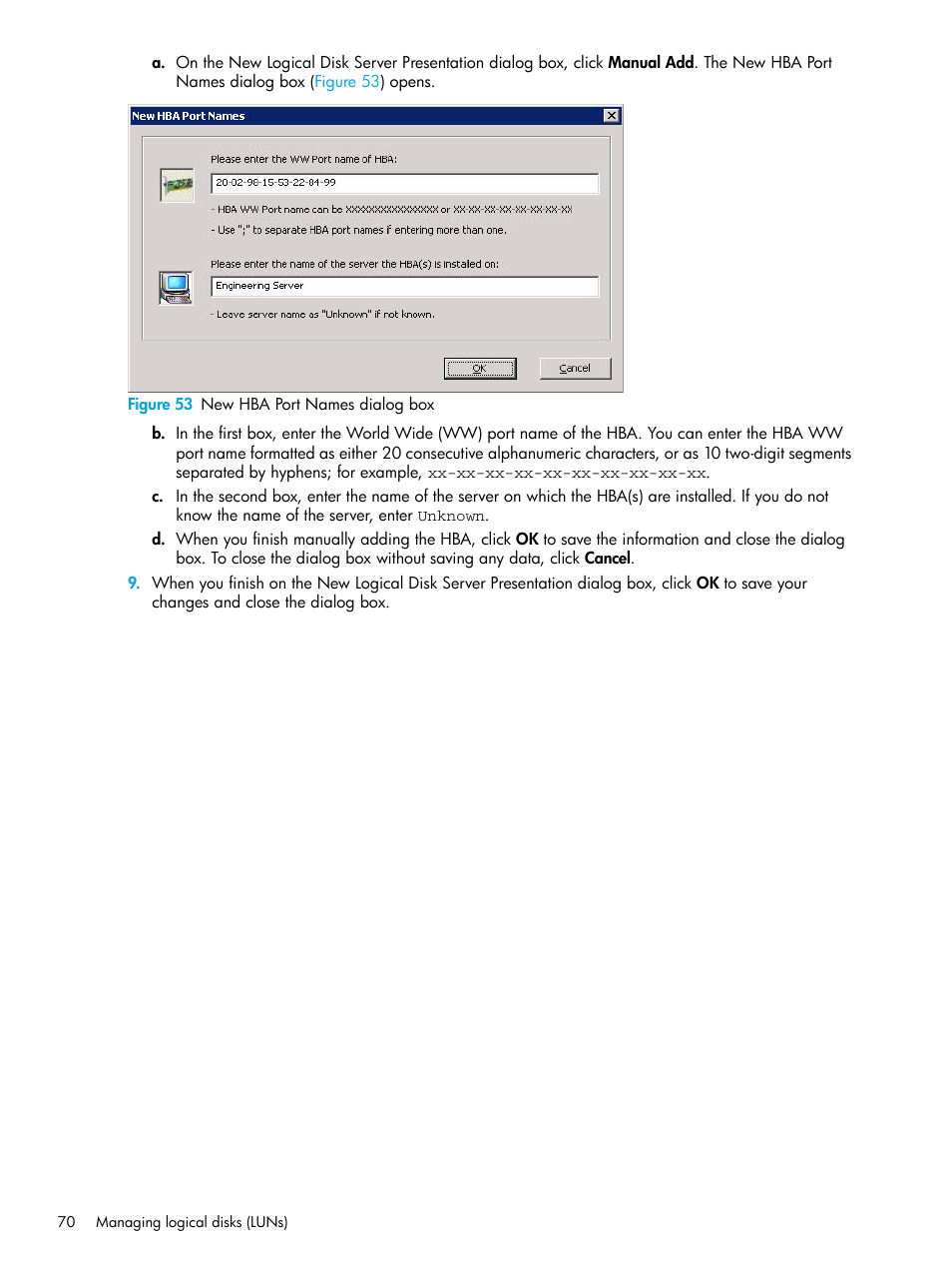 53 new hba port names dialog box | HP 8.20q Fibre Channel Switch User Manual | Page 70 / 98