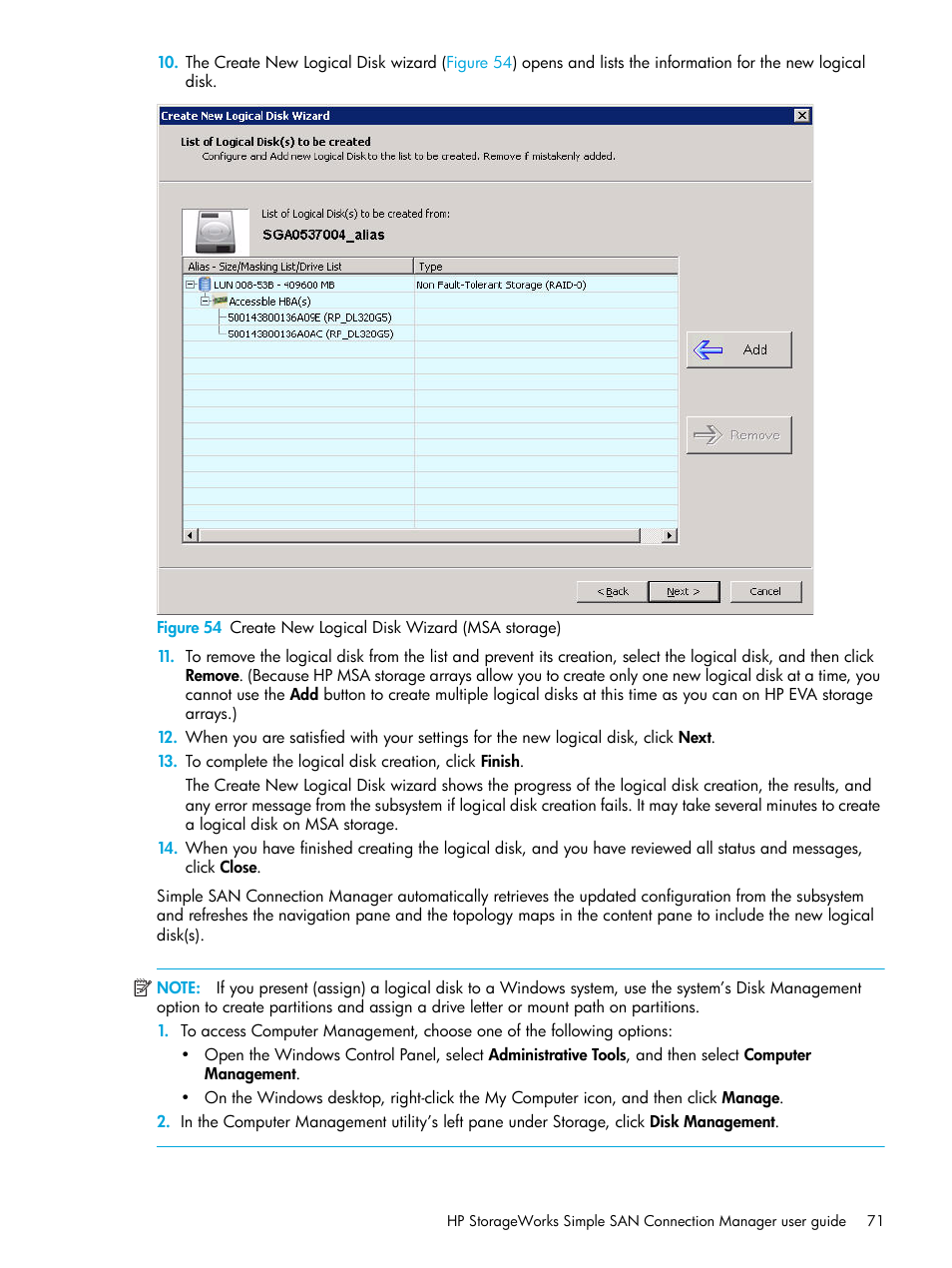 54 create new logical disk wizard (msa storage) | HP 8.20q Fibre Channel Switch User Manual | Page 71 / 98