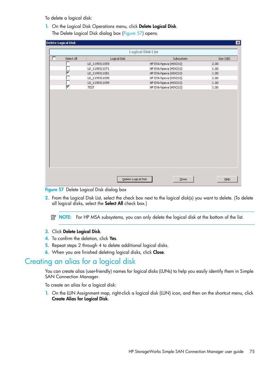 Creating an alias for a logical disk, 57 delete logical disk dialog box | HP 8.20q Fibre Channel Switch User Manual | Page 75 / 98