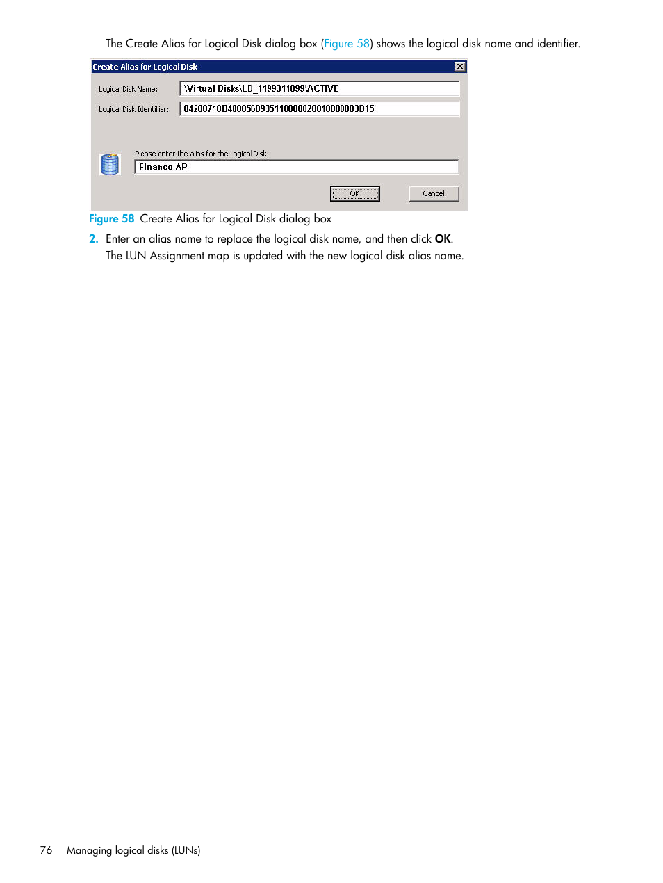 58 create alias for logical disk dialog box | HP 8.20q Fibre Channel Switch User Manual | Page 76 / 98