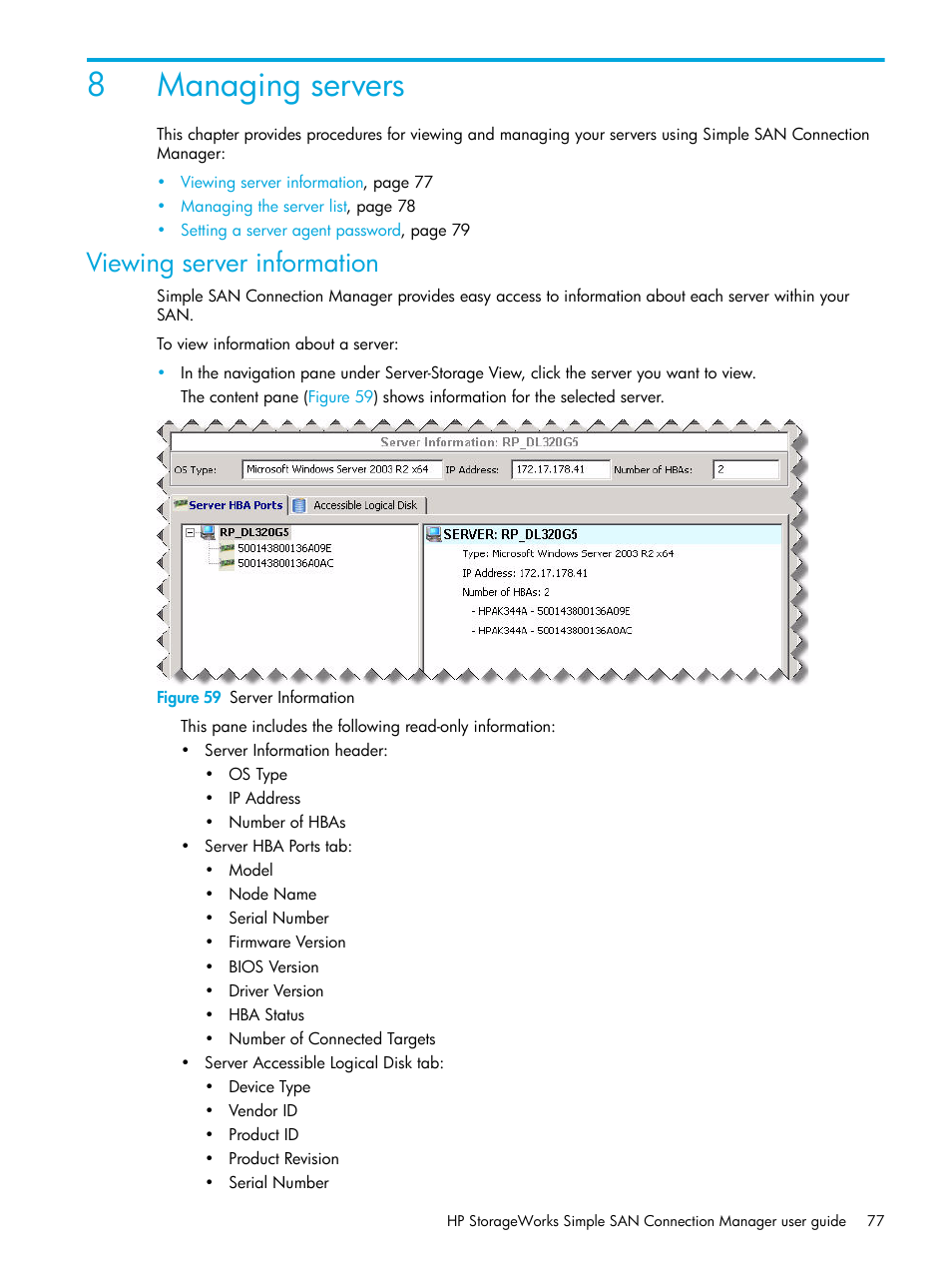 Managing servers, Viewing server information, 8 managing servers | 59 server information, 8managing servers | HP 8.20q Fibre Channel Switch User Manual | Page 77 / 98