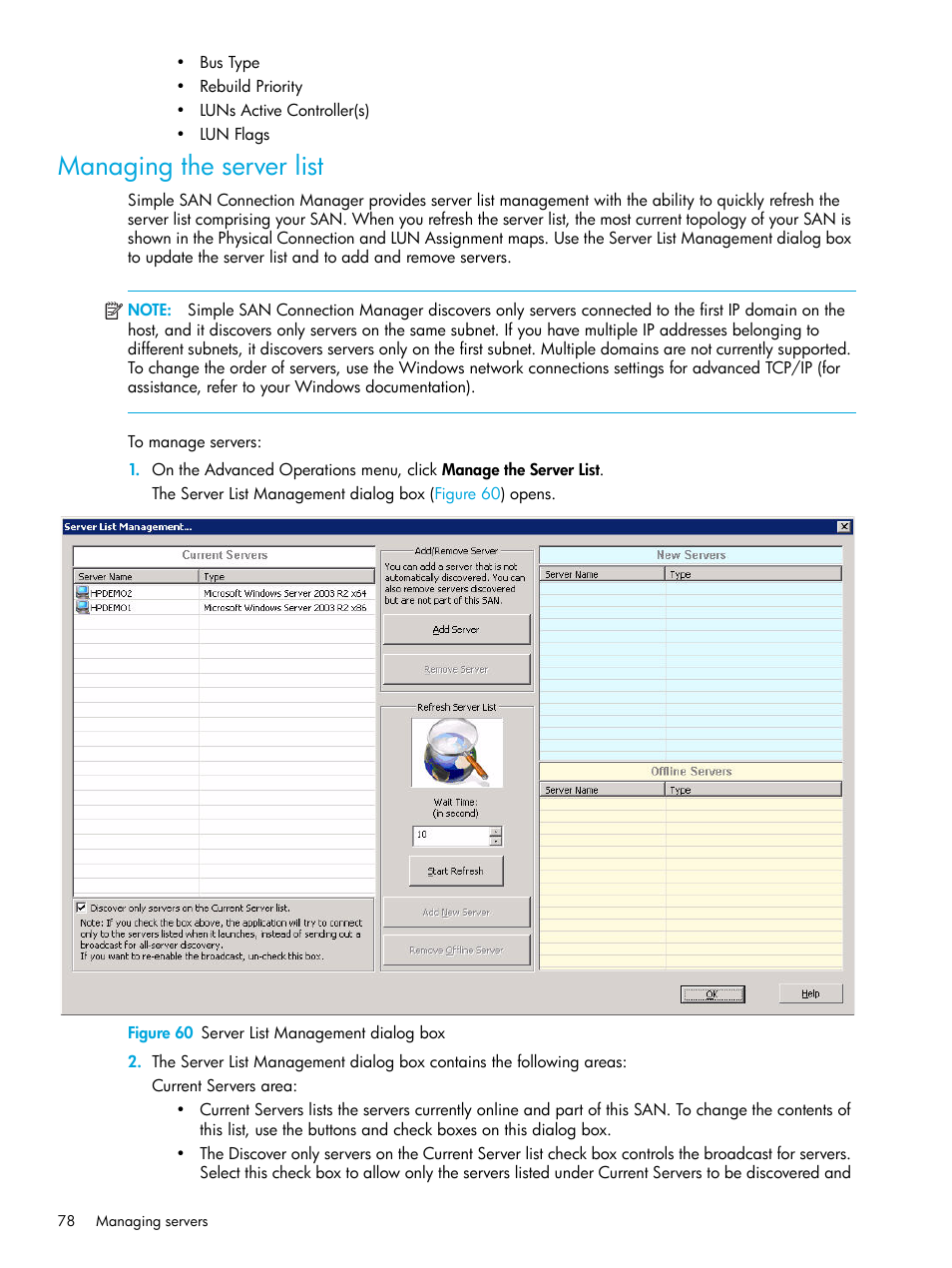 Managing the server list, 60 server list management dialog box | HP 8.20q Fibre Channel Switch User Manual | Page 78 / 98