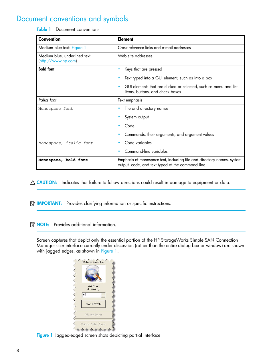 Document conventions and symbols, 1 document conventions | HP 8.20q Fibre Channel Switch User Manual | Page 8 / 98