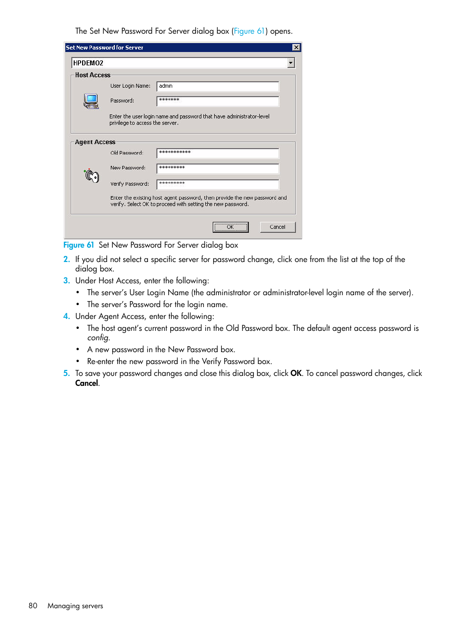 61 set new password for server dialog box | HP 8.20q Fibre Channel Switch User Manual | Page 80 / 98