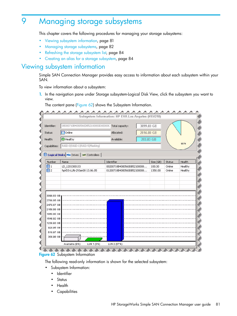 Managing storage subsystems, Viewing subsystem information, 9 managing storage subsystems | 62 subsystem information, 9managing storage subsystems | HP 8.20q Fibre Channel Switch User Manual | Page 81 / 98