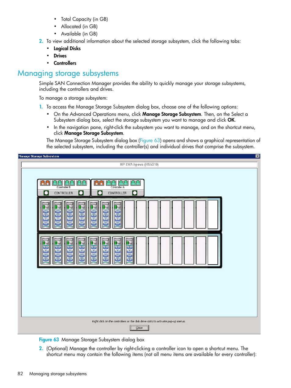 Managing storage subsystems, 63 manage storage subsystem dialog box, Managing storage | Subsystems | HP 8.20q Fibre Channel Switch User Manual | Page 82 / 98