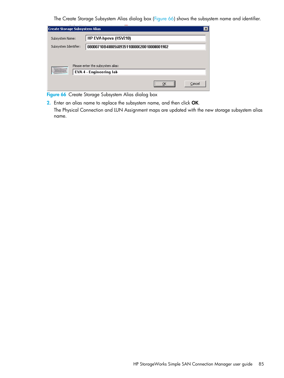 66 create storage subsystem alias dialog box | HP 8.20q Fibre Channel Switch User Manual | Page 85 / 98