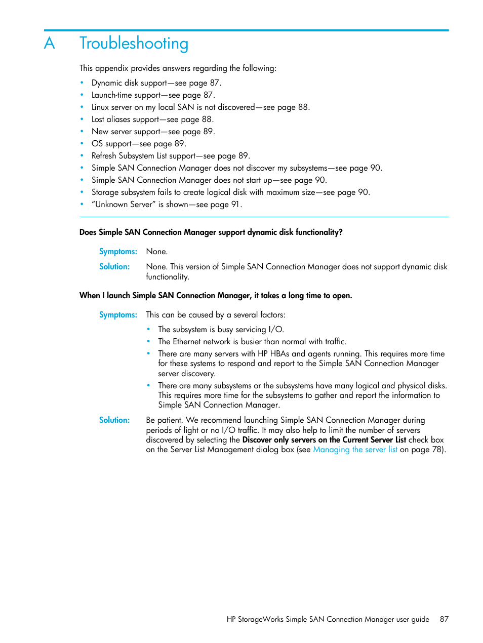 Troubleshooting, A troubleshooting, Atroubleshooting | HP 8.20q Fibre Channel Switch User Manual | Page 87 / 98