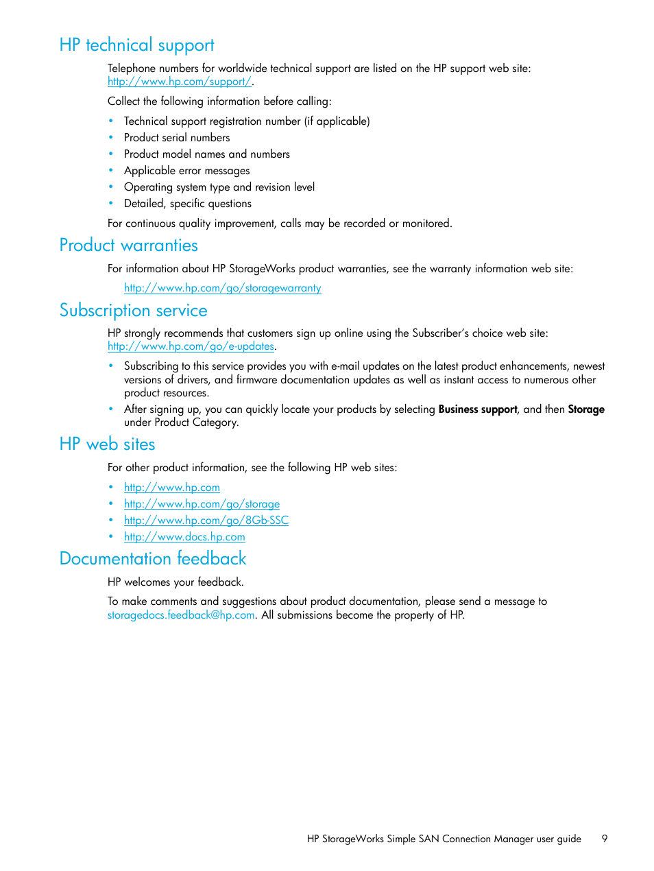 Hp technical support, Product warranties, Subscription service | Hp web sites, Documentation feedback | HP 8.20q Fibre Channel Switch User Manual | Page 9 / 98