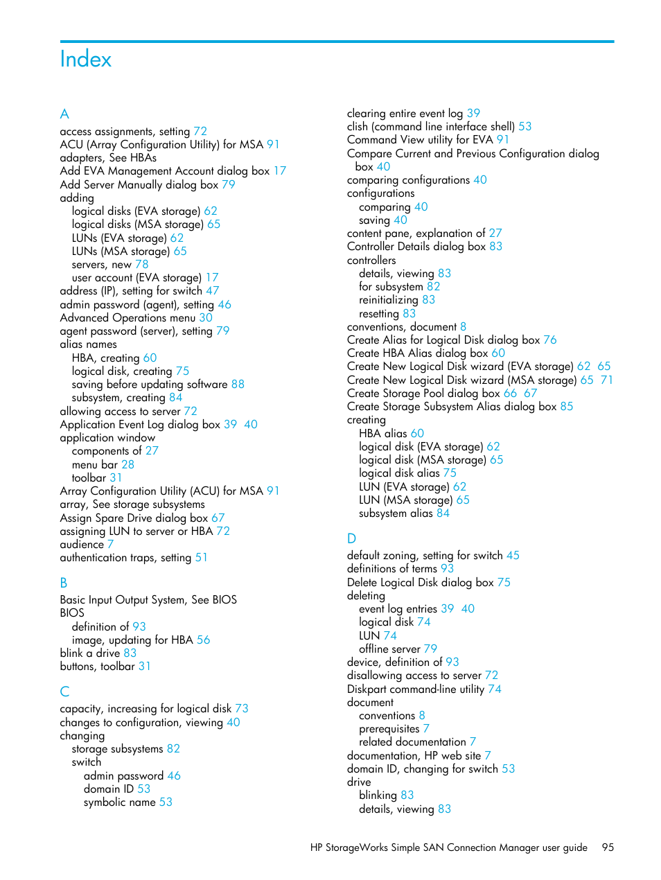 Index | HP 8.20q Fibre Channel Switch User Manual | Page 95 / 98