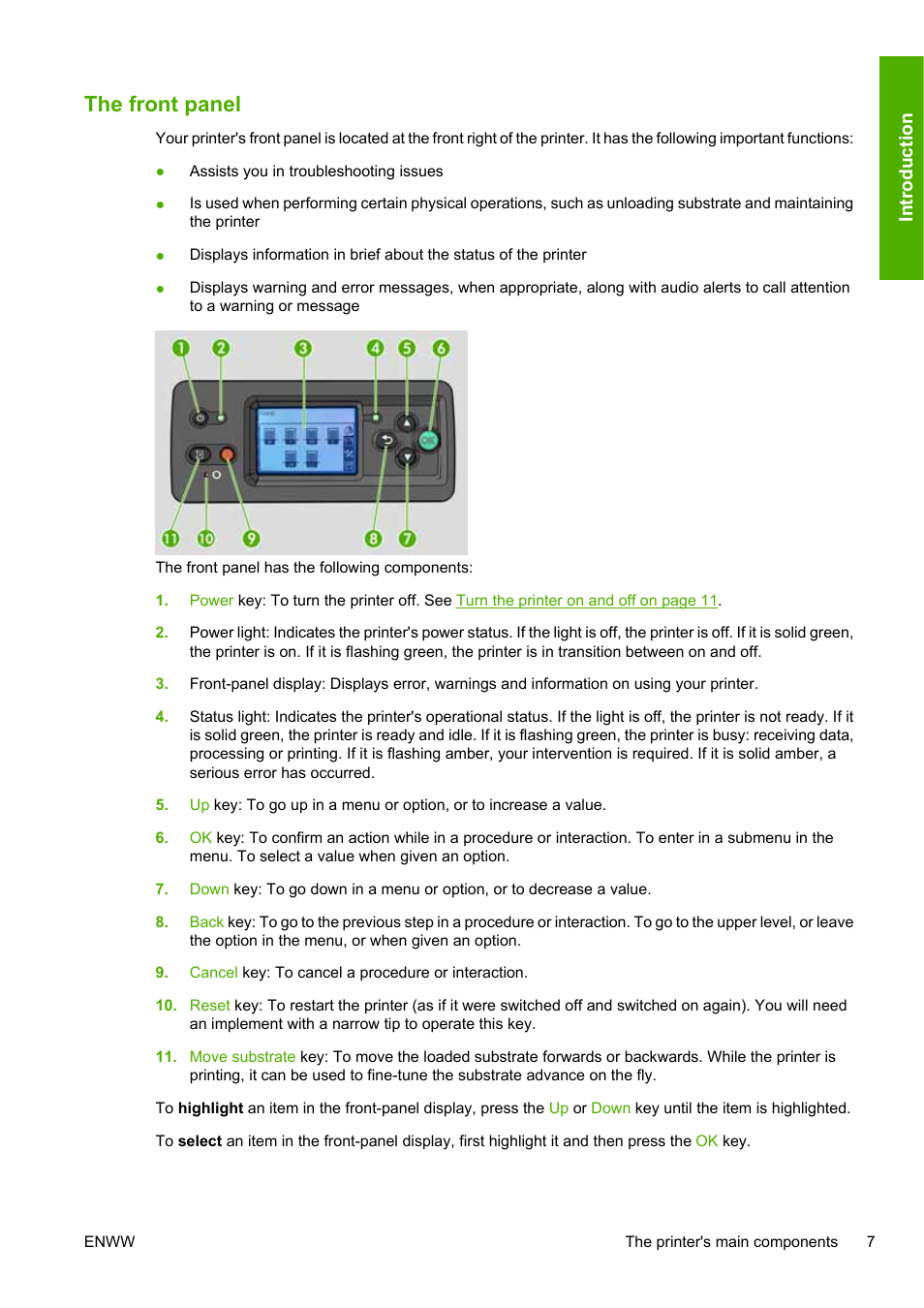 The front panel | HP Designjet L25500 Printer series User Manual | Page 11 / 82