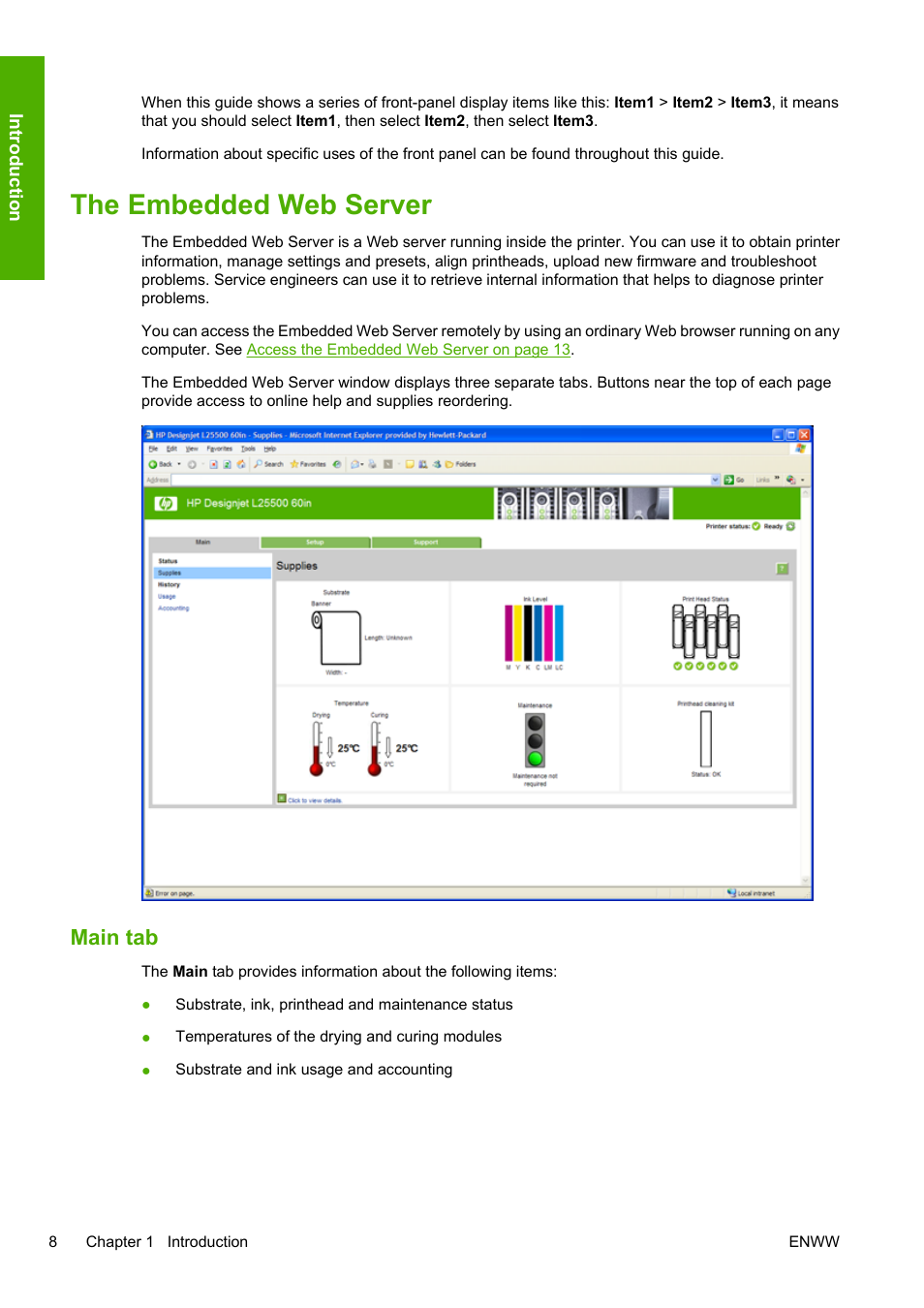 The embedded web server, Main tab | HP Designjet L25500 Printer series User Manual | Page 12 / 82