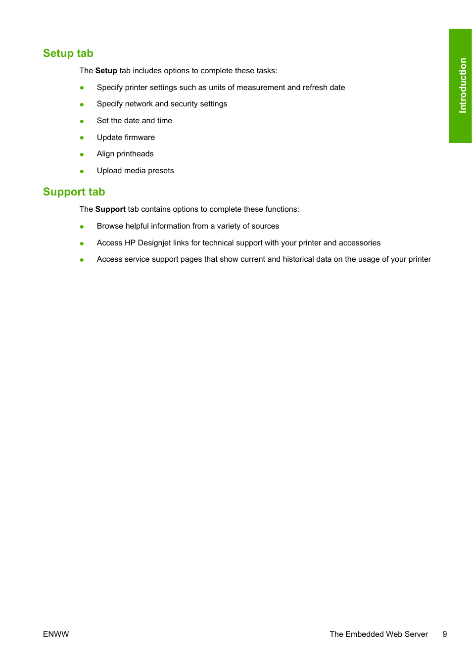 Setup tab, Support tab | HP Designjet L25500 Printer series User Manual | Page 13 / 82