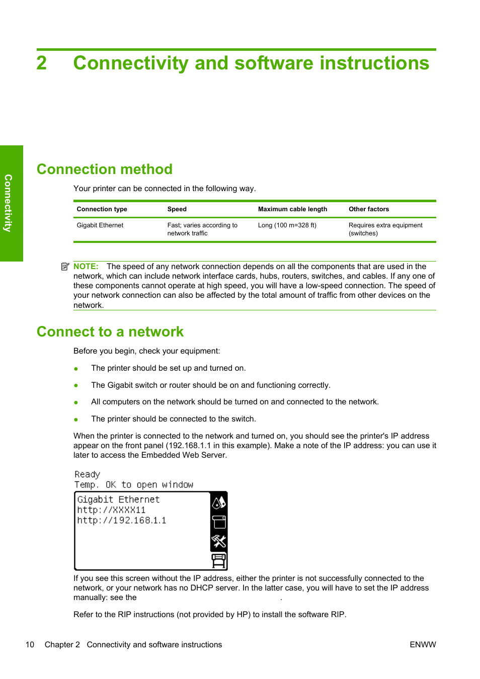 Connectivity and software instructions, Connection method, Connect to a network | 2 connectivity and software instructions, Connection method connect to a network, 2connectivity and software instructions | HP Designjet L25500 Printer series User Manual | Page 14 / 82
