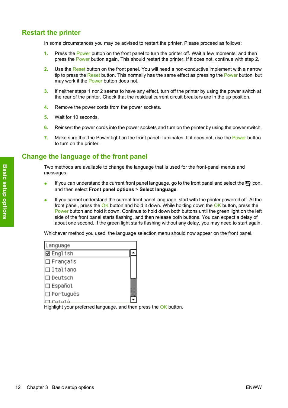 Restart the printer, Change the language of the front panel | HP Designjet L25500 Printer series User Manual | Page 16 / 82