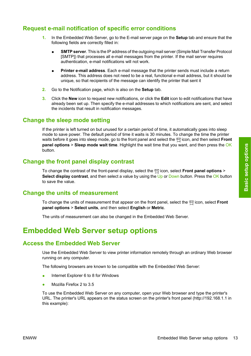 Change the sleep mode setting, Change the front panel display contrast, Change the units of measurement | Embedded web server setup options, Access the embedded web server | HP Designjet L25500 Printer series User Manual | Page 17 / 82